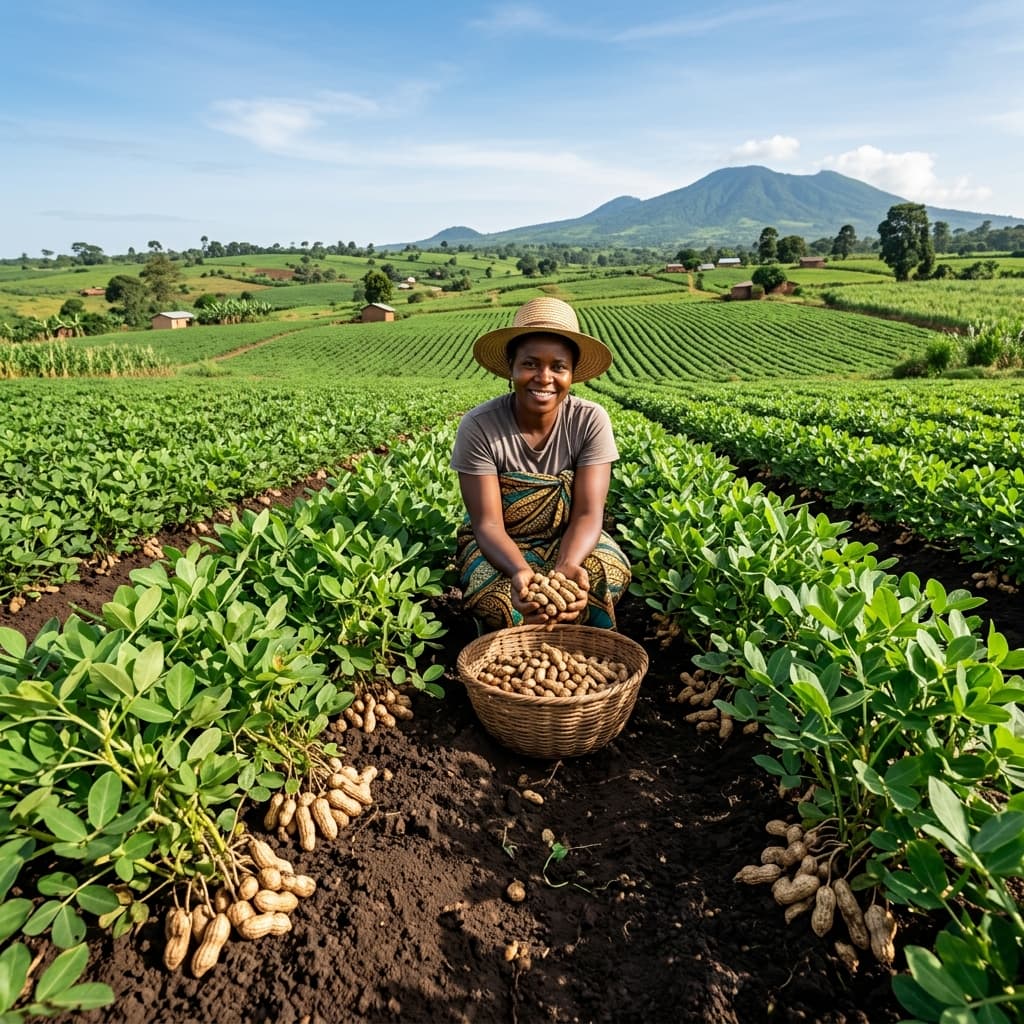 Premium groundnut farm in Cameroon with lush green plants and visible pods