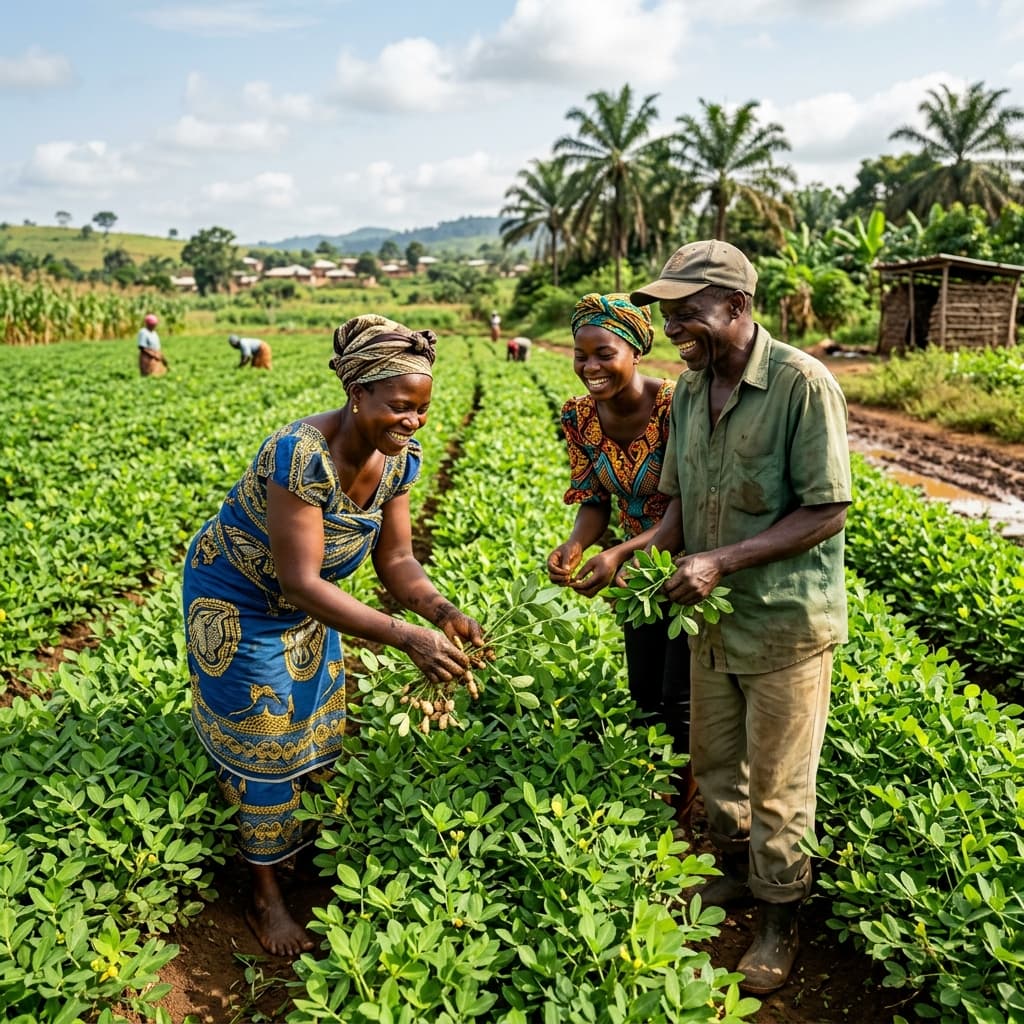 Joyful Cameroonian farmers inspecting Noya crops